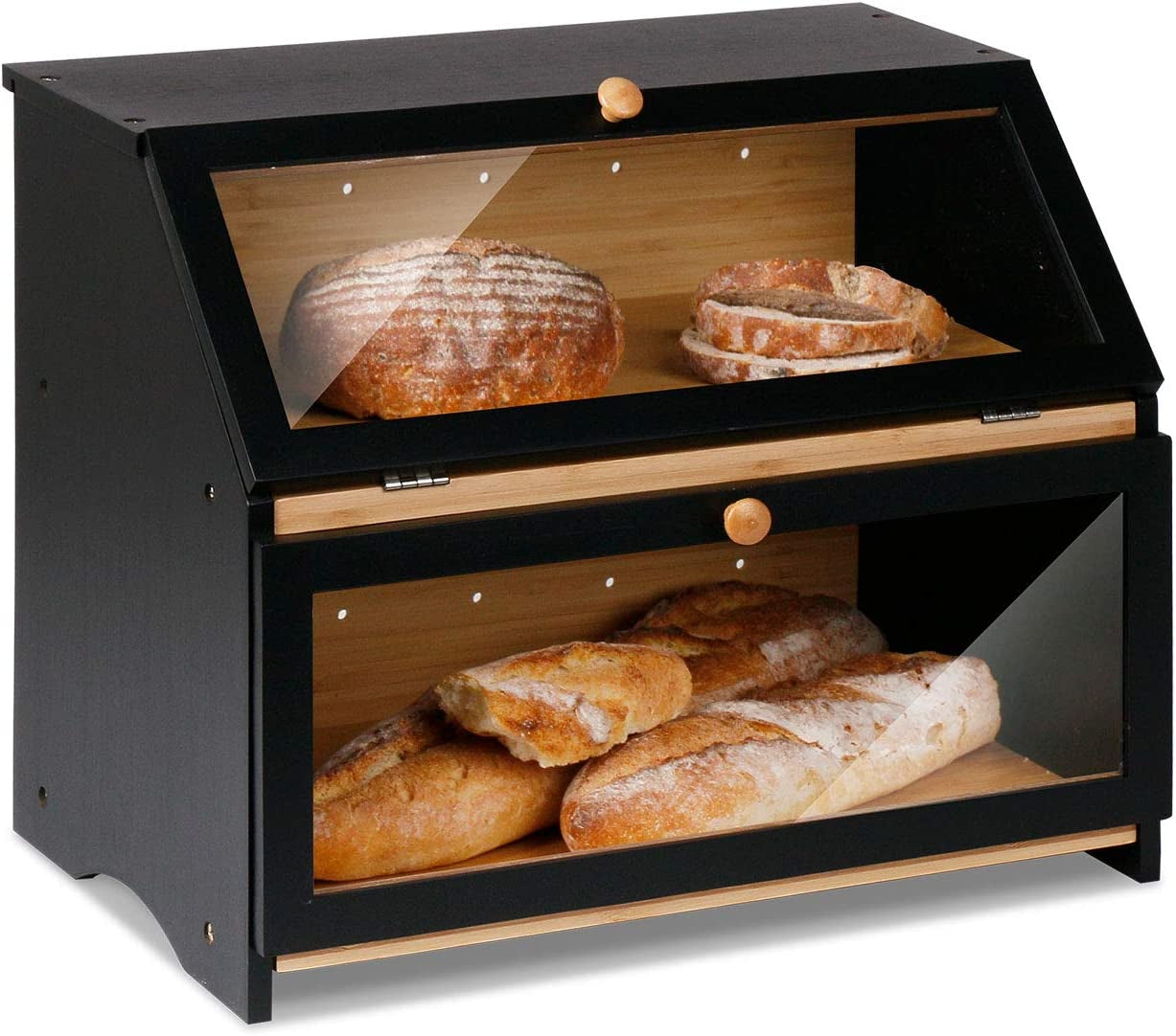 Double Layer Large Bread Box for Kitchen Counter, Wooden Large Capacity Bread Storage Bin (Black)
