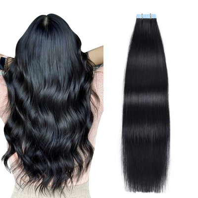Tape in Hair Extensions Human Hair 18 Inches 50G/Pack 20Pcs Straight Seamless Skin Weft Jet Black Tape Hair Extensions (18 Inches #1 Jet Black)