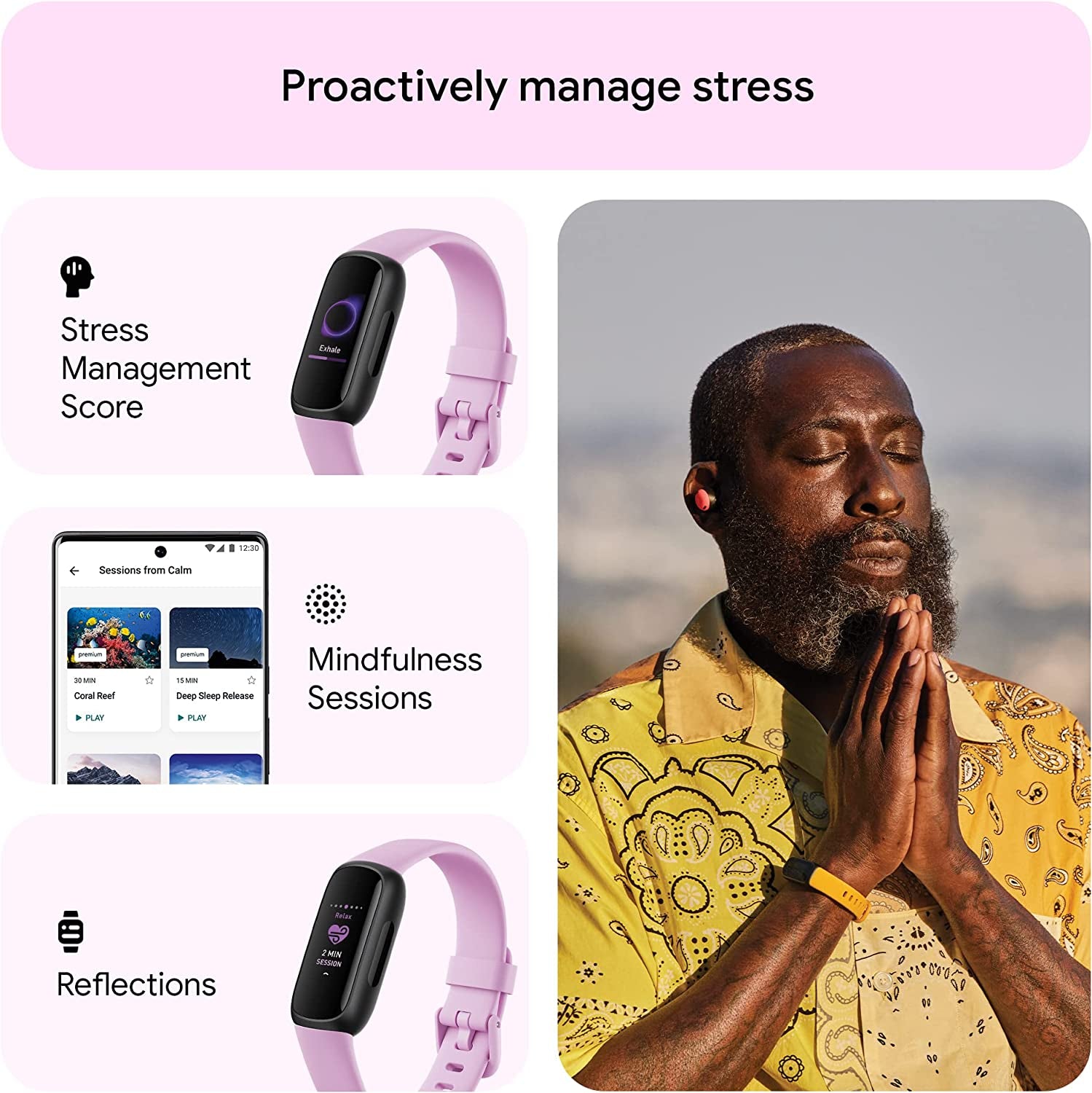 Fitbit Inspire 3 Health & Fitness Tracker with Stress Management, Workout Intensity, Sleep Tracking, 24/7 Heart Rate and More, Lilac Bliss/Black, One Size (S & L Bands Included)