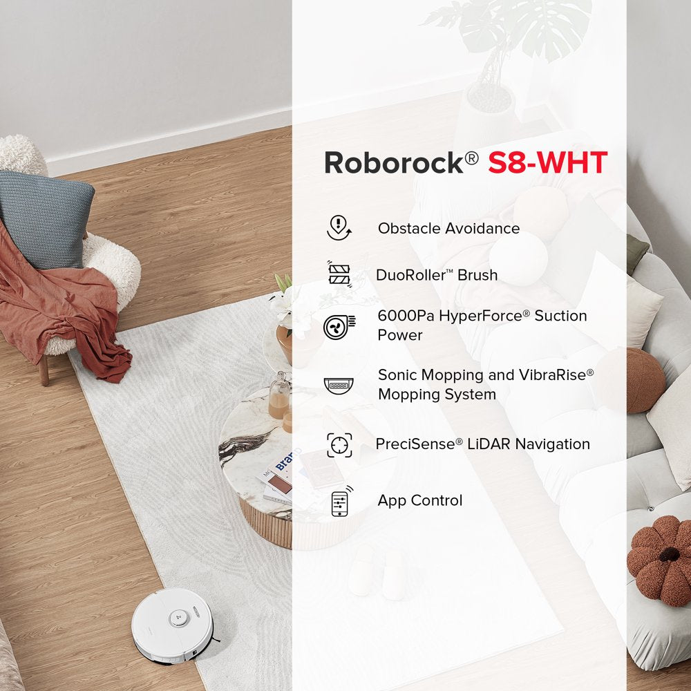 ® S8-WHT Robot Vacuum Cleaner and Sonic Mopping with Duoroller™ Brush, 6000 Pa, and Obstacle Avoidance