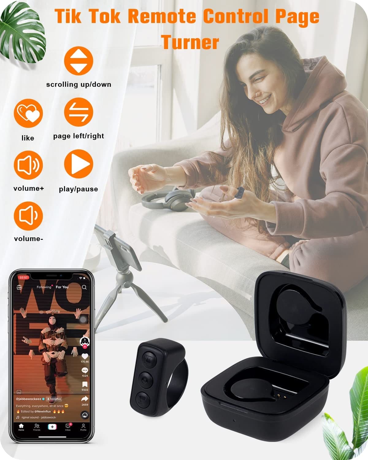 Tiktok Remote Control Kindle App Page Turner, Bluetooth Camera Video Recording Remote, TIK Tok Scrolling Ring for Iphone, Ipad, Ios, Android - Black