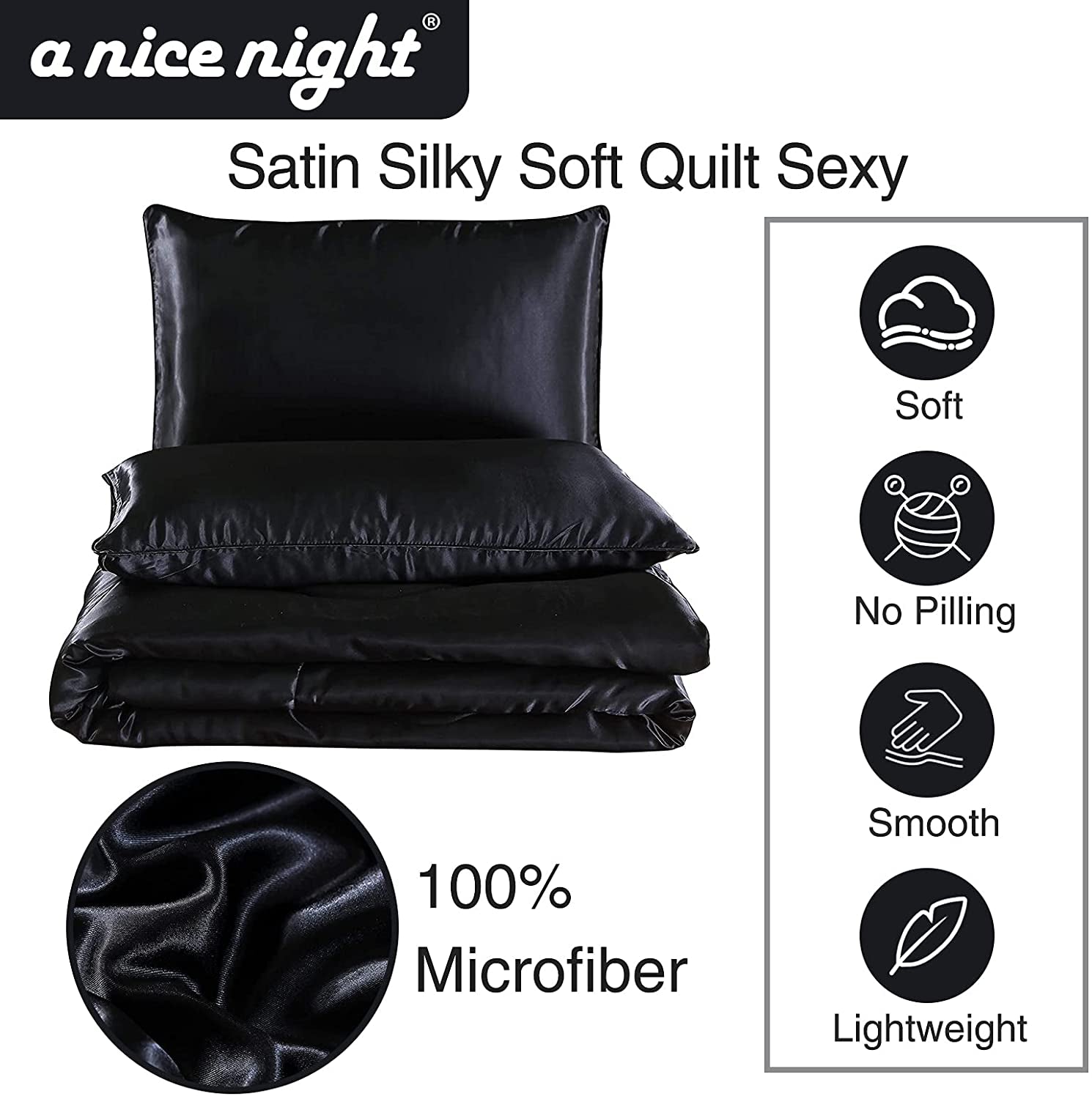 Satin Silky Soft Quilt Luxury Super Soft Microfiber Bedding Thin Comforter Set Full/Queen, Light Weighted (Black, Queen(88-By-88-Inches))