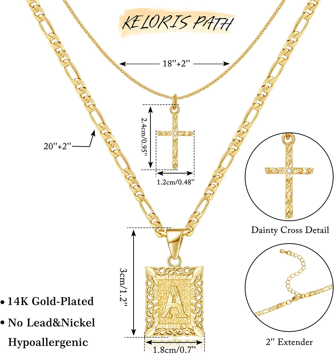Gold Layered Initial Cross Necklace, 14K Gold Plated Layering Square Letter Pendant Figaro Chain Cross Choker from A-Z Capital Jewelry for Women Girls