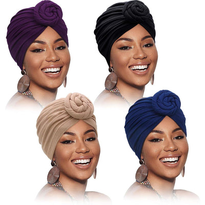 4 Pieces African Pattern Headwrap Pre-Tied Bonnet Turban Knot Beanie Cap Headwrap Hat