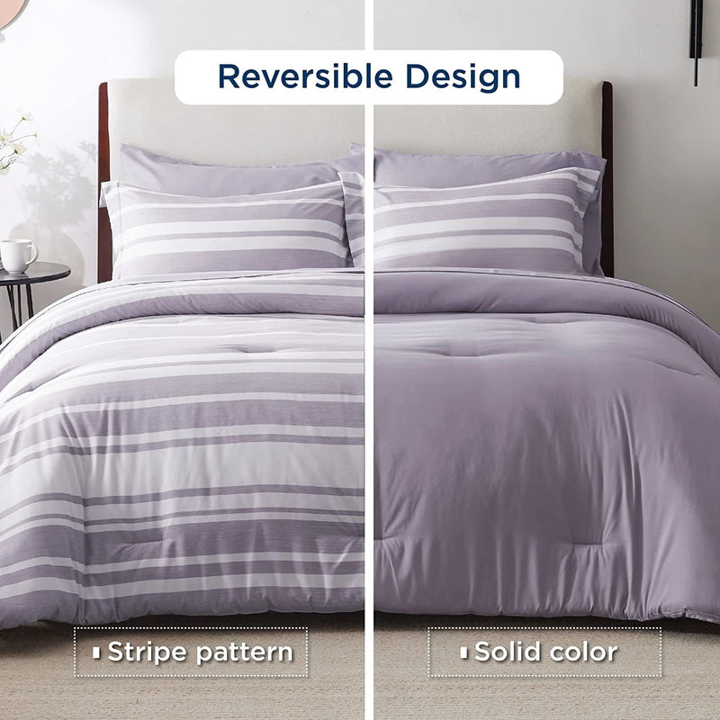 Bedsure Bed in a Bag Full Size 7 Pieces, Purple White Striped Bedding Comforter Sets All Season Bed Set, 2 Pillow Shams, Flat Sheet, Fitted Sheet and 2 Pillowcases