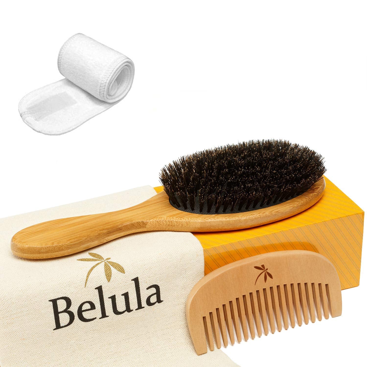 Belula 100% Boar Bristle Hair Brush Set (Medium). Soft Natural Bristles for Thin and Fine Hair. Restore Shine and Texture. Wooden Comb, Travel Bag and Spa Headband Included!