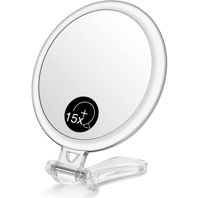 Hand Mirror, Double-Sided 1X/15X Magnifying Foldable Makeup Mirror for Handheld, Table and Travel Usage