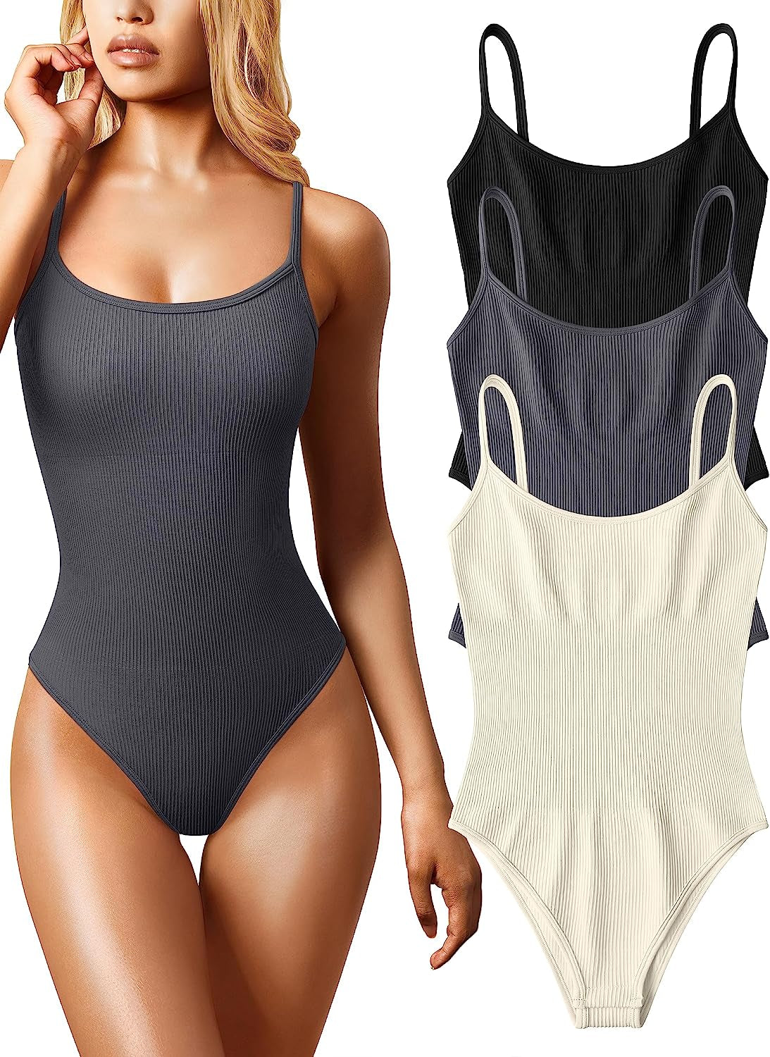 Women'S 3 Piece Bodysuits Sexy Ribbed Sleeveless Adjustable Spaghetti Strip Tops Shapewear Bodysuits