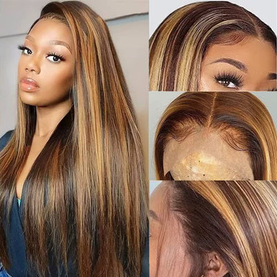Highlight Ombre 13X4 HD Transparent Lace Front Wigs Human Hair 4/27 Color Glueless Straight Lace Frontal Wig Human Hair for Black&White Women 160% Density Natural Hairline Pre Plucked with Baby Hair 100% Virgin Human Hair（18 Inch）