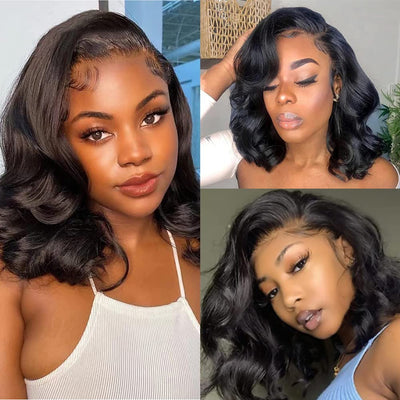 Glueless Short Bob Wigs Human Hair Lace Front Wigs 13X4 HD Lace Frontal Wigs Short Body Wave Pre Plucked with Baby Hair 180% Density Side Part Loose Wave Wigs for Black Women Brazilian Virgin Real Hair Natural Color 10Inch