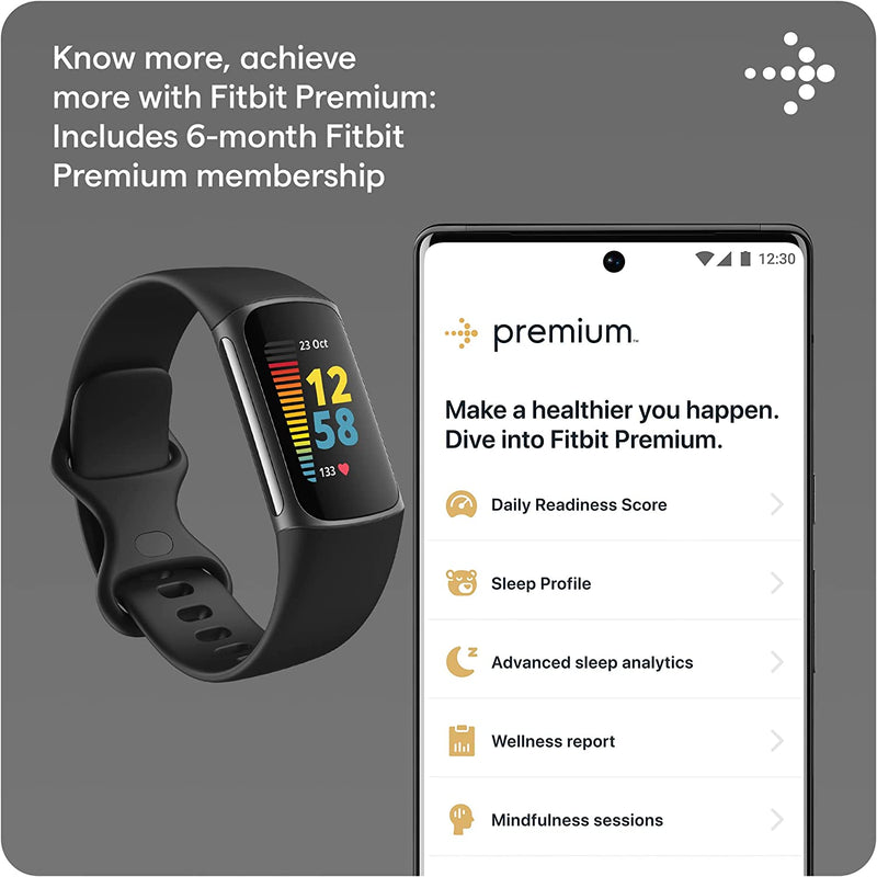 Fitbit Charge 5 Advanced Health & Fitness Tracker with Built-In GPS, Stress Management Tools, Sleep Tracking, 24/7 Heart Rate and More, Black/Graphite, One Size (S &L Bands Included)
