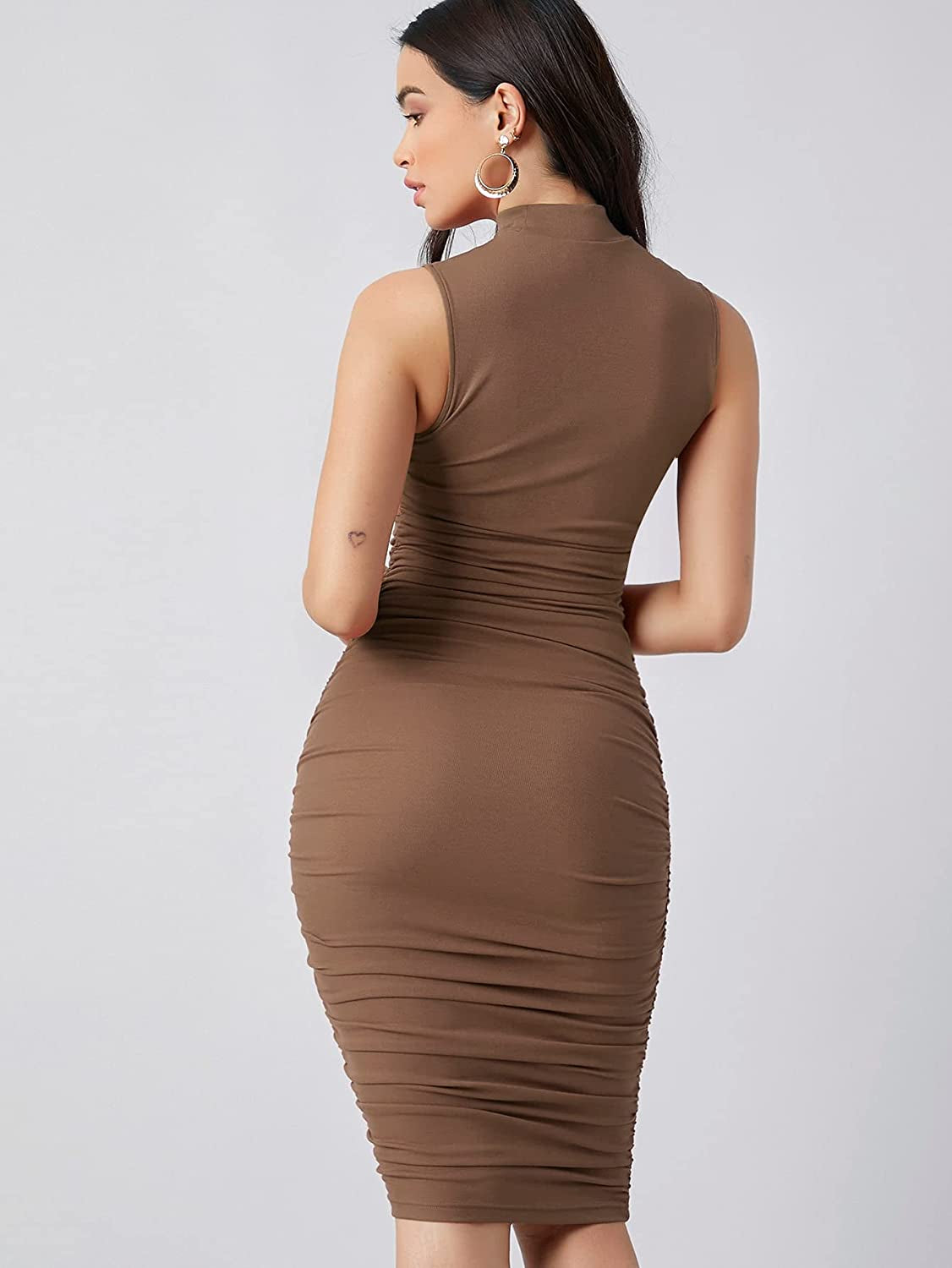 Women'S Solid Sleeveless Mock Neck Knee Length Ruched Bodycon Dress