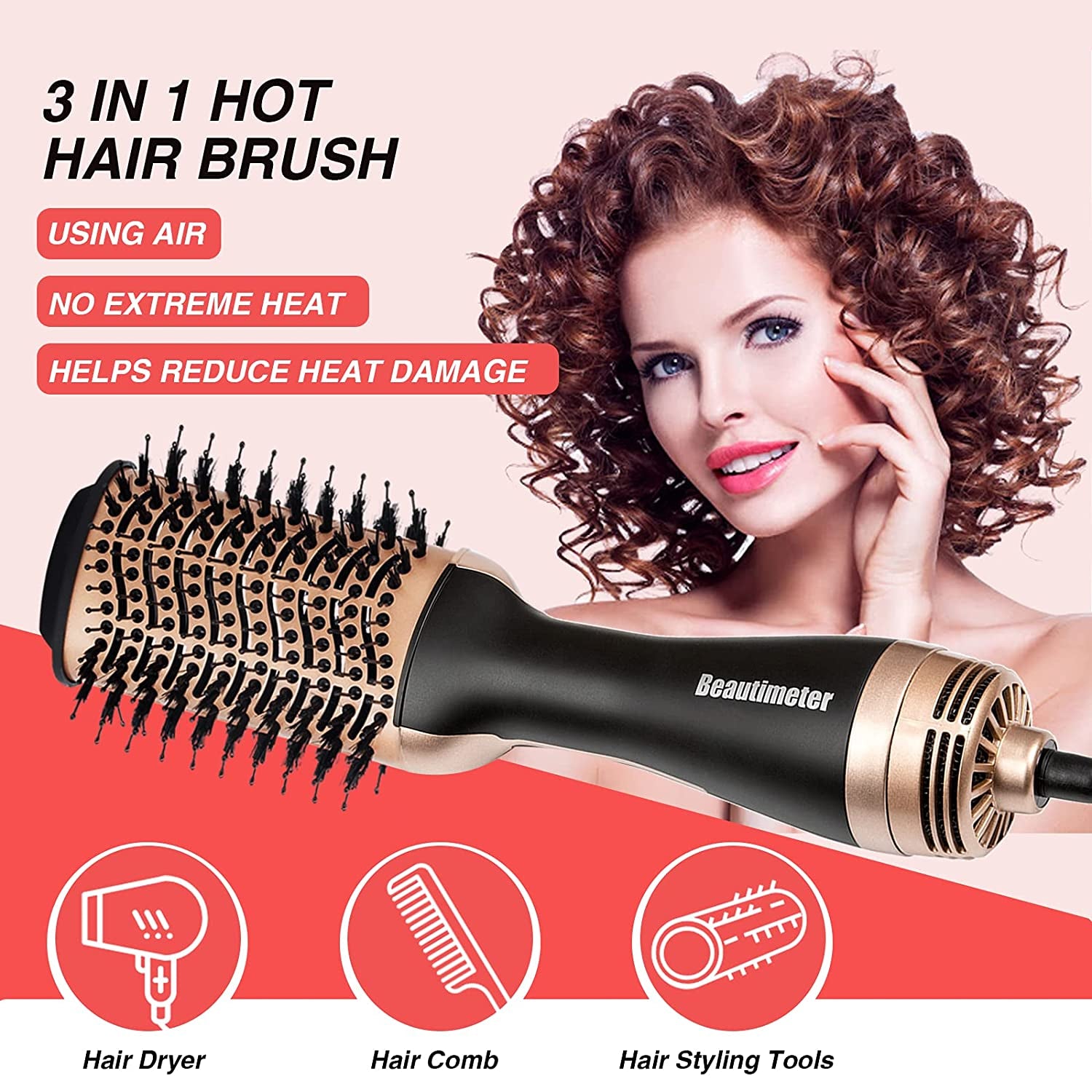 Hot Air Brush, Hair Dryer Brush & Volumizer, 3 in 1 Negative Ionic Hair Styler for Straightening, Curling, 1000W, Black & Gold
