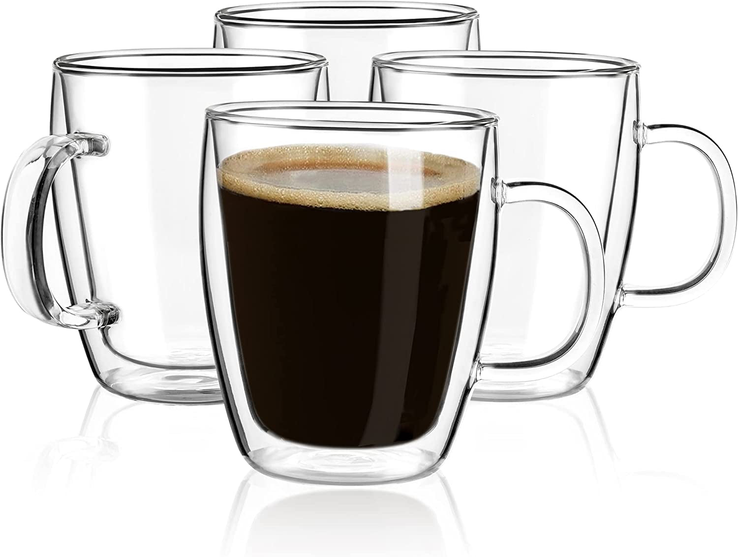 Double Wall Coffee Mugs, (4-Pcak) 16 Ounces-Clear Glass with Handle,Insulated,Cappuccino,Tea ,Latte Cups,Beverage Glasses Heat Resistant