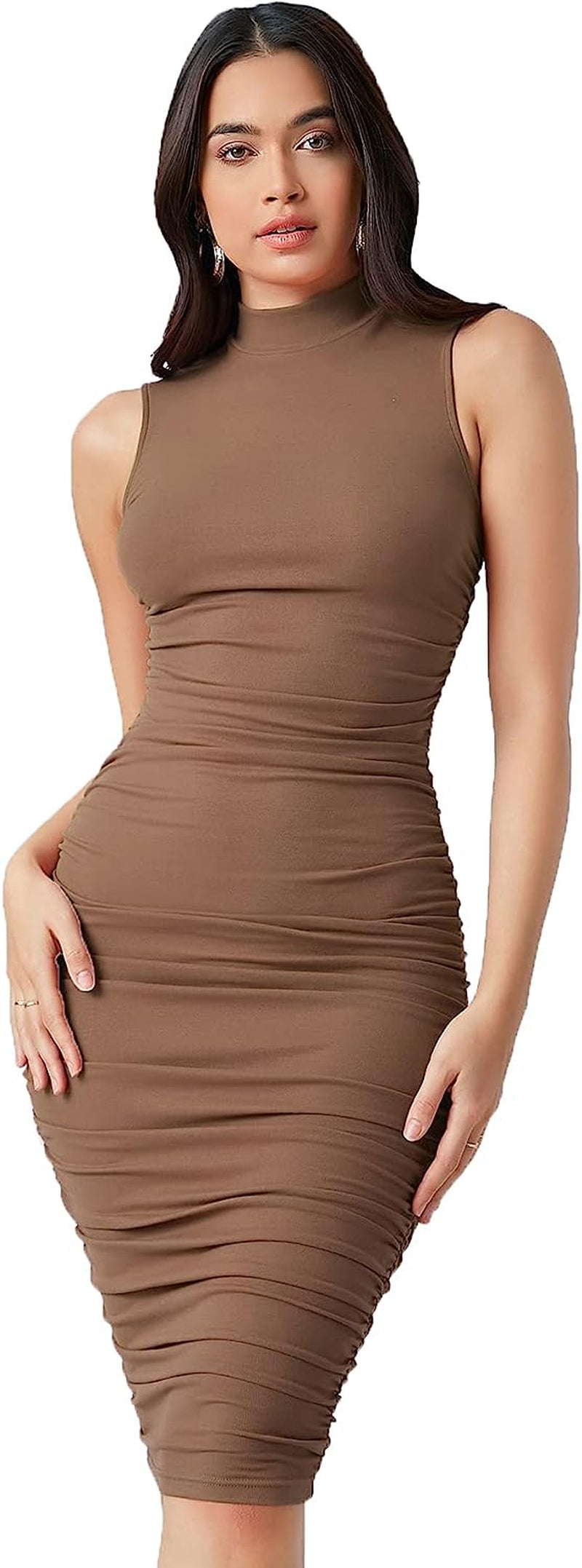 Women'S Solid Sleeveless Mock Neck Knee Length Ruched Bodycon Dress