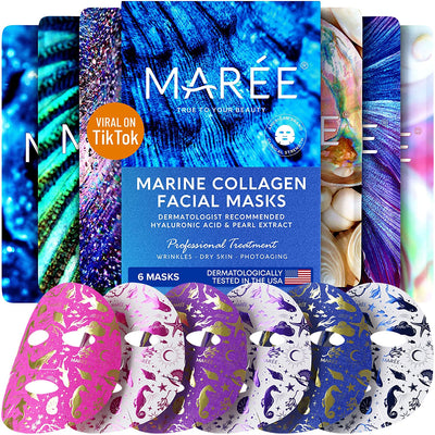 Facial Masks for Skin Care & Beauty - Sheet Masks for Face with Natural Pearl Extract, Marine Collagen & Hyaluronic Acid - anti Aging Collagen Facial Masks for Wrinkles & Dry Skin, 6 Pack