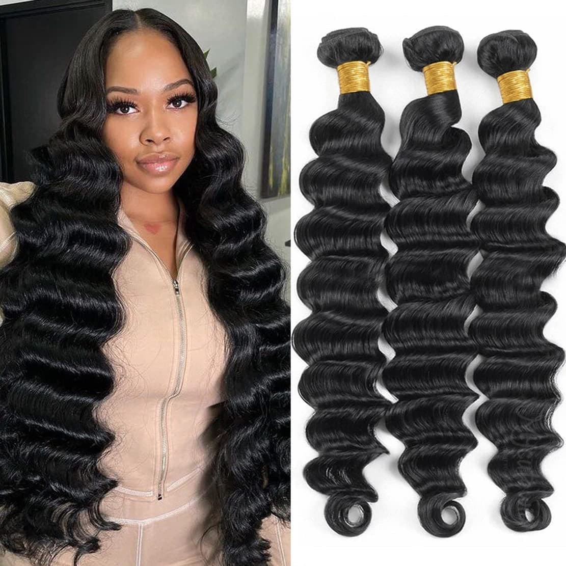 Loose Deep Wave Bundles Human Hair Weave Bundles 100% Unprocessed Brazilian Virgin Hair Wet and Wavy Bundles Human Hair Extensions Natural Black Color