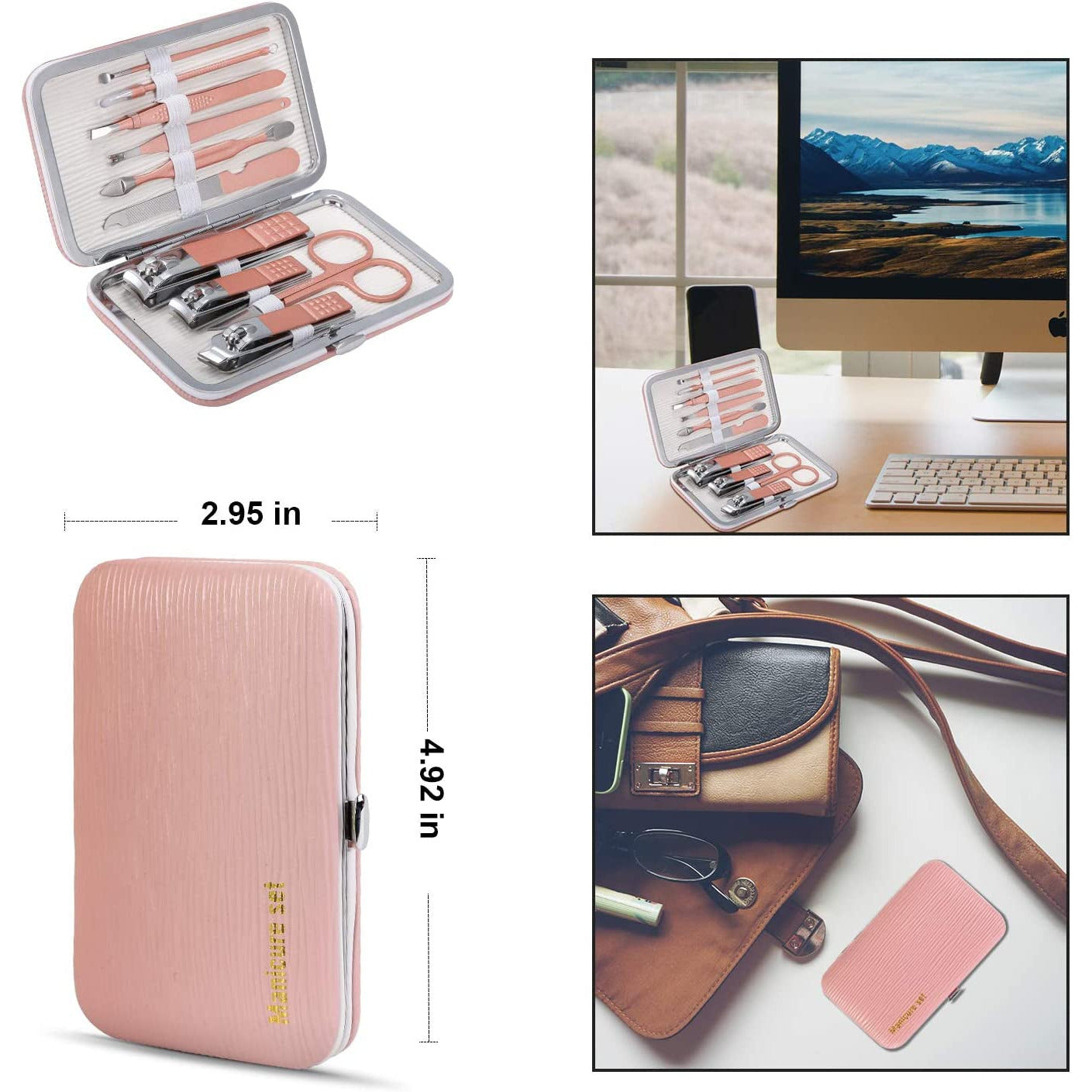 Manicure Set, Travel Mini Nail Clippers Kit Pedicure Care Tools, 10Pcs Stainless Steel Grooming Kit (Pink)