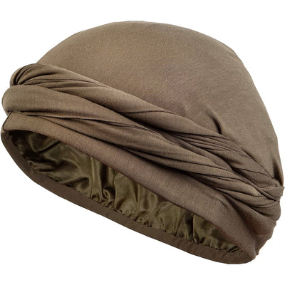 Silk Satin Lined Turban Head Wrap Pre-Tied Skull Cap for Men and Women, Sleeping Bonnet Hair Cover Soft Bamboo Outer Material