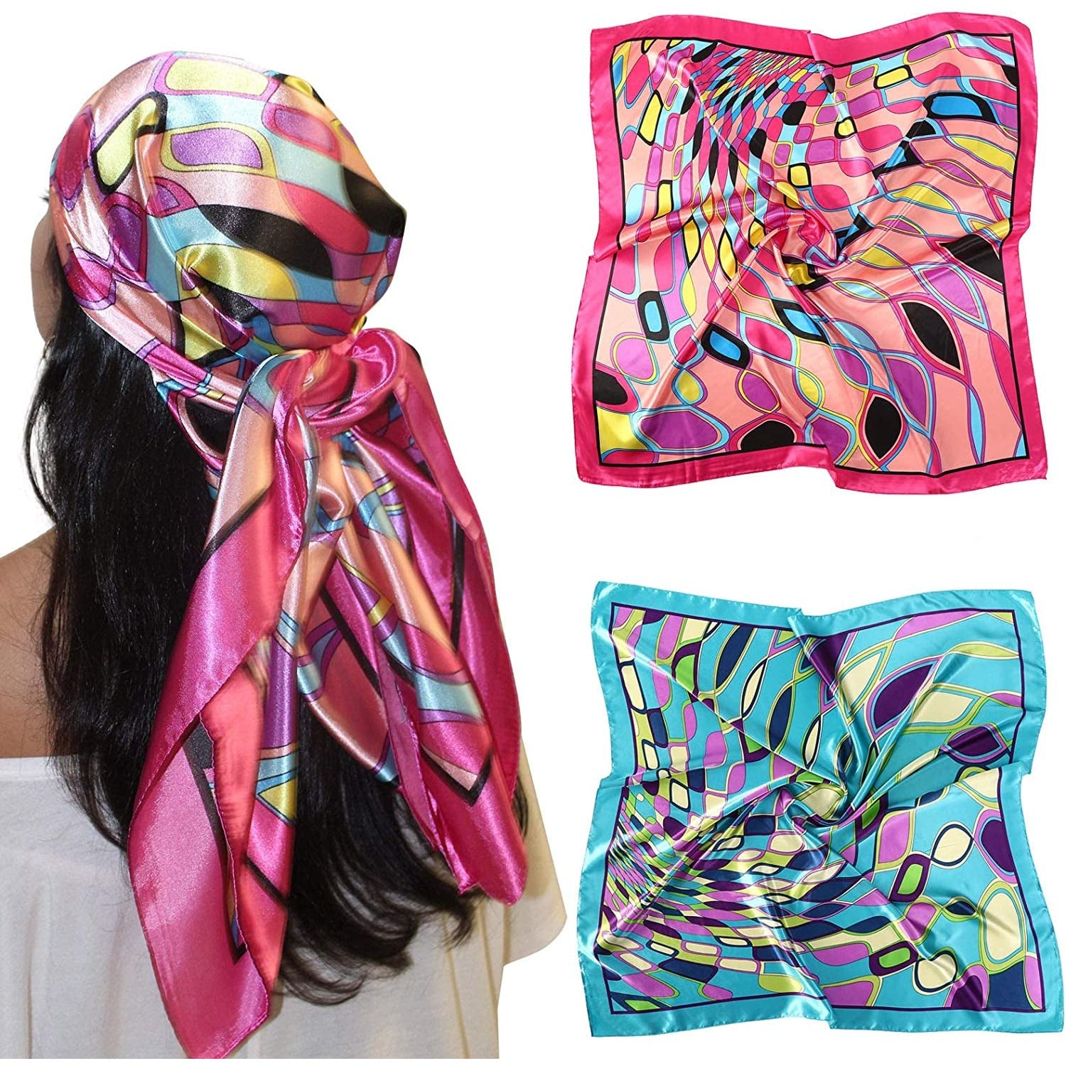 35” Large Satin Square Head Scarf - 2Pcs Silk like Floral Head Scarves Square Satin Hair Scarf Bandanas for Women