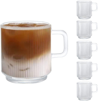 [6 PACK, 12 OZ] DESIGN•MASTER Premium Glass Coffee Mugs with Handle, Classic Vertical Stripes Tea Cup,Transparent Tea Glasses for Hot/Cold Beverages, Perfect Design for Americano, Cappuccino, Latte.