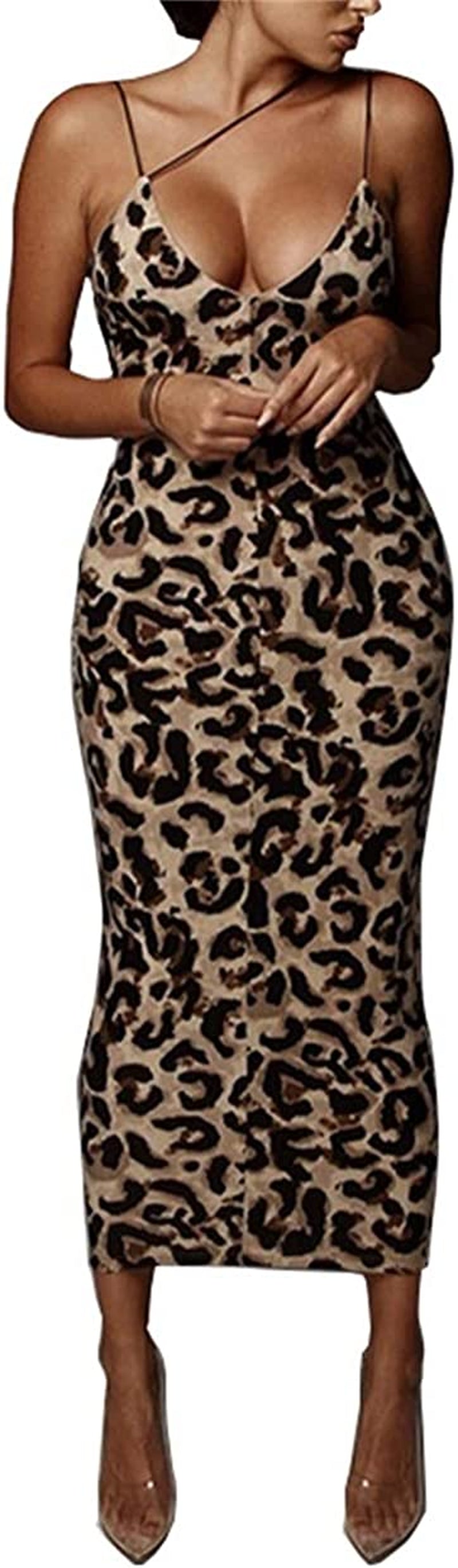 Women'S Sexy Neon Asymmetrical Spaghetti Strap Dress Deep V-Neck Sleeveless Bodycon Midi Club Dress