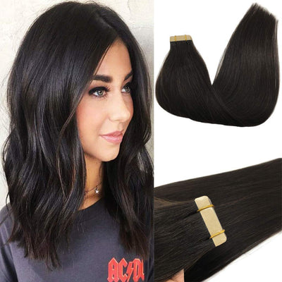 GOO GOO Tape in Hair Extensions Natural Black Real Human Hair Extensions Seamless Straight Human Hair Extensions 20Pcs 50G 20Inch, Natural Black #1B