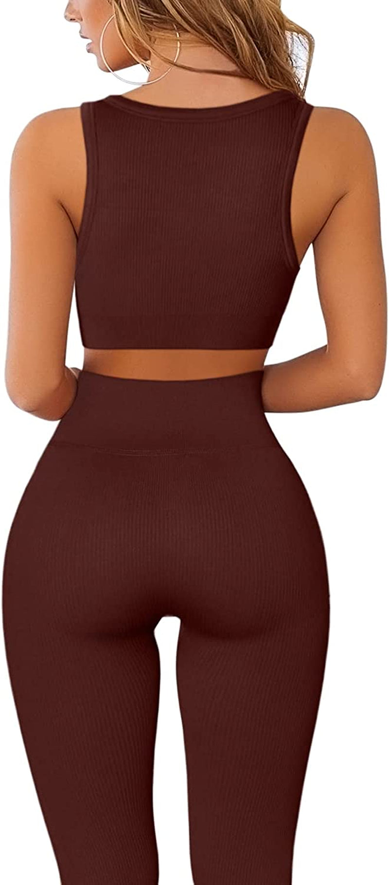 Workout Outfits for Women 2 Piece Ribbed Seamless Crop Tank High Waist Yoga Leggings Sets