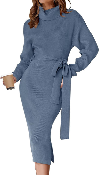 Women'S Turtleneck Sweater Midi Dress Long Sleeve Ribbed Knit Bodycon Slit Dress with Belt