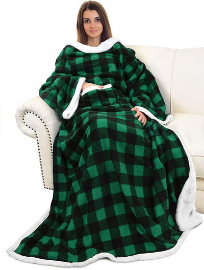 Buffalo Plaid Green Sherpa Wearable Blanket with Sleeves Arms, Super Soft Warm Comfy Large Fleece Plush Sleeved TV Throws Wrap Robe Blanket for Adult Women and Men, Gift for Her