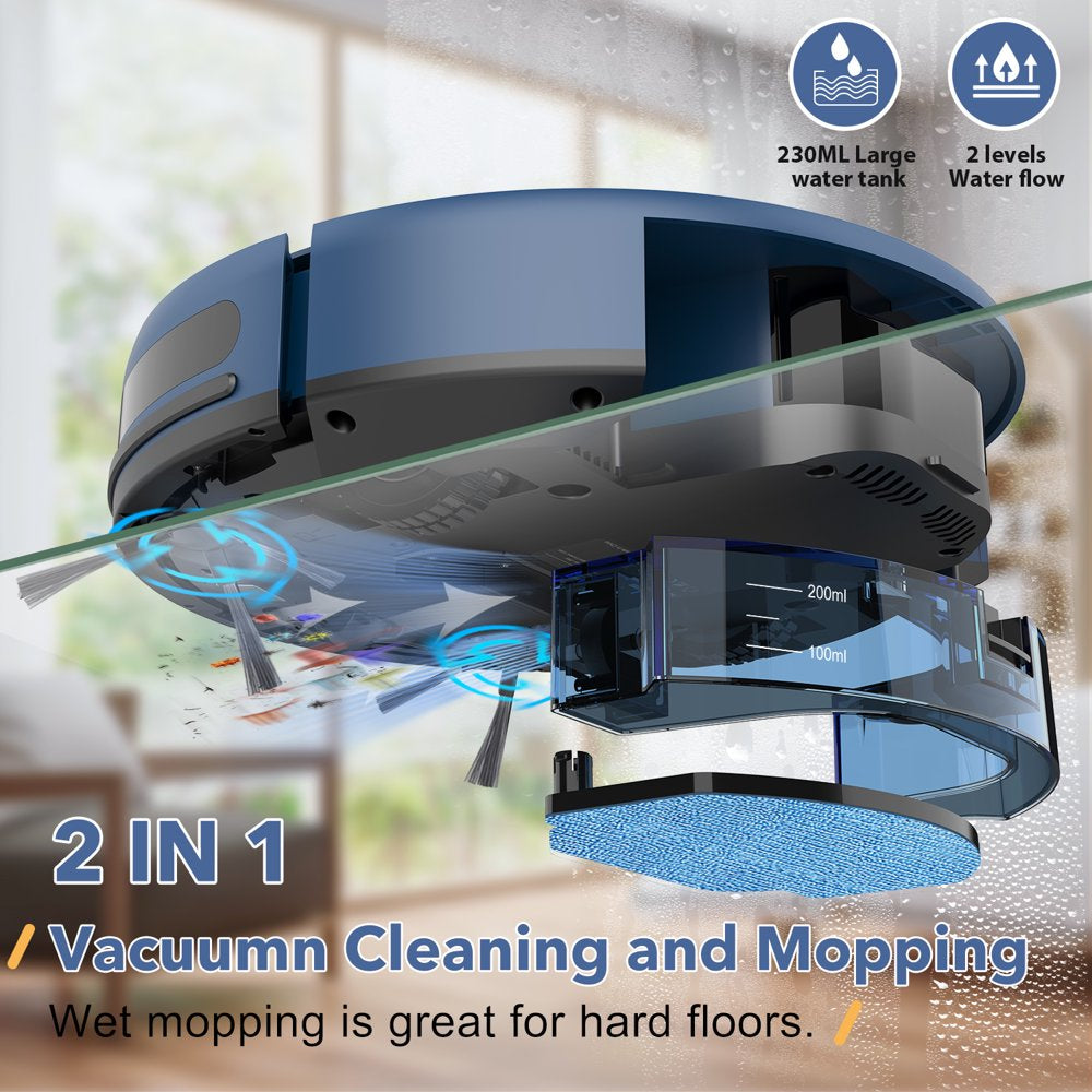 Robot Vacuum Cleaner, Robot Vacuum and Mop Combo Compatible with Alexa/Wifi/App, Self-Charging, 230ML Water Tank for Pet Hair, Hard Floors and Low Pile Carpet (Blue)