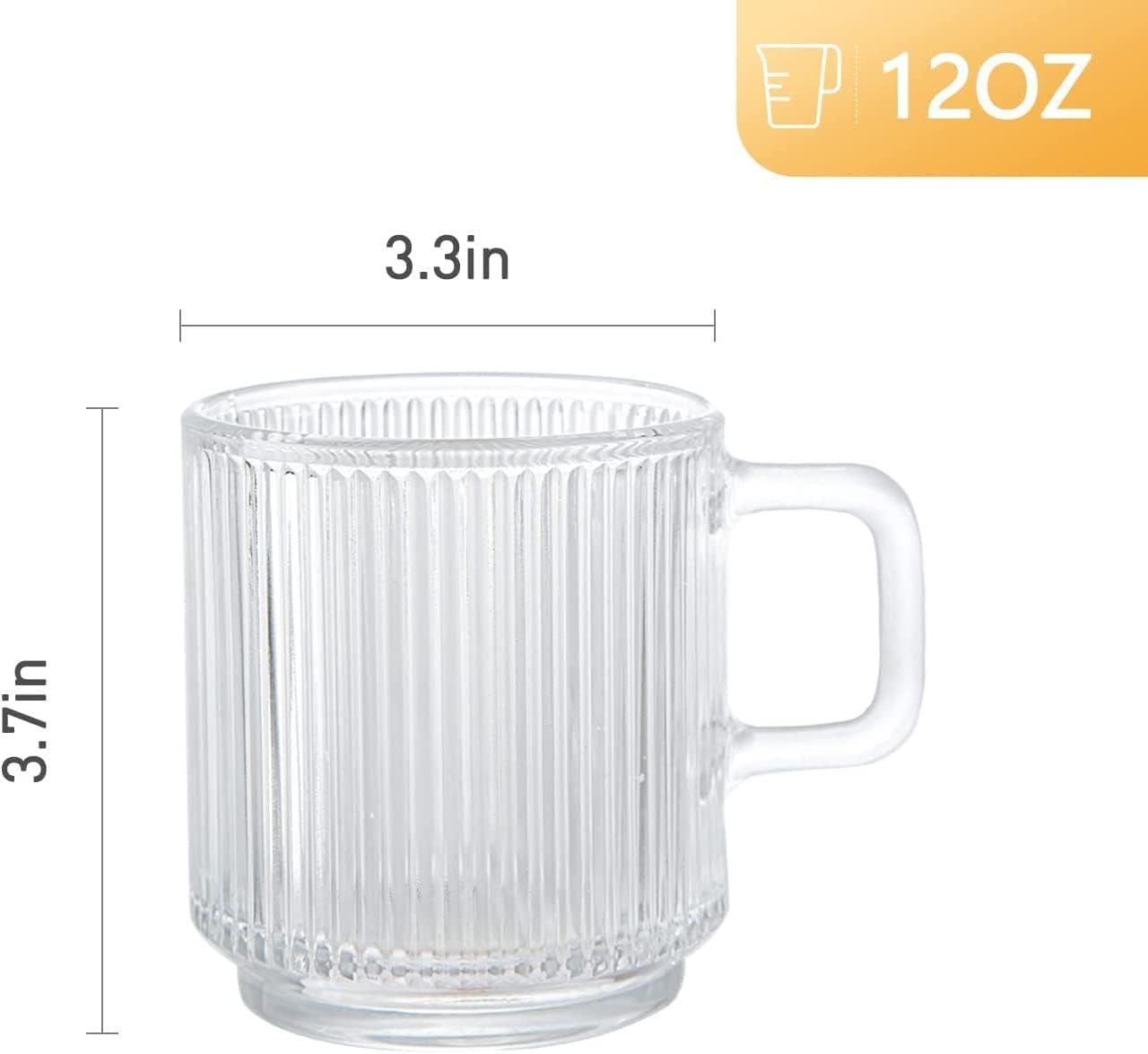 [6 PACK, 12 OZ] DESIGN•MASTER Premium Glass Coffee Mugs with Handle, Classic Vertical Stripes Tea Cup,Transparent Tea Glasses for Hot/Cold Beverages, Perfect Design for Americano, Cappuccino, Latte.