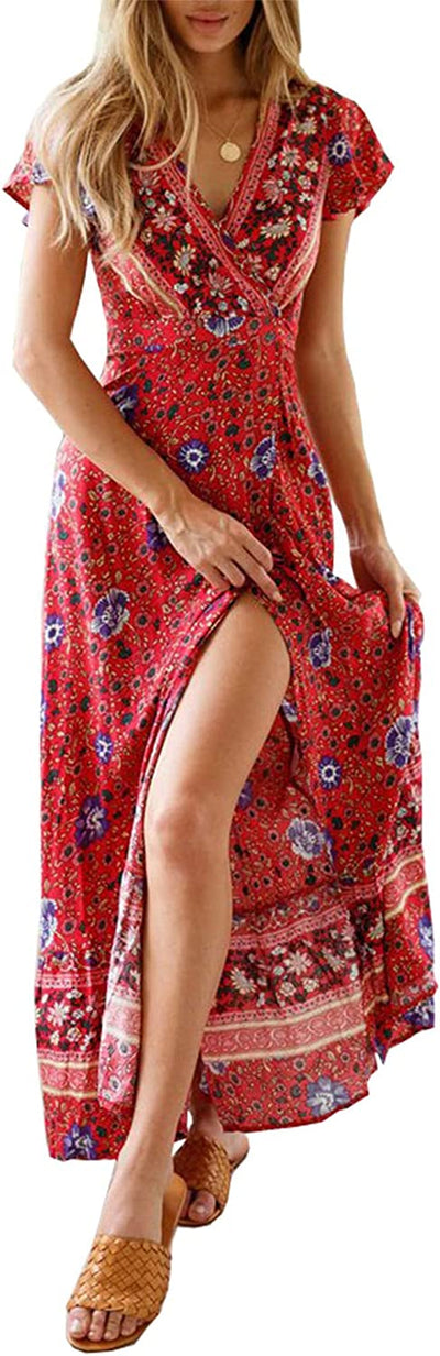 Women Boho Summer Side Split Deep V Neck Short Sleeves Maxi Dress with Belt