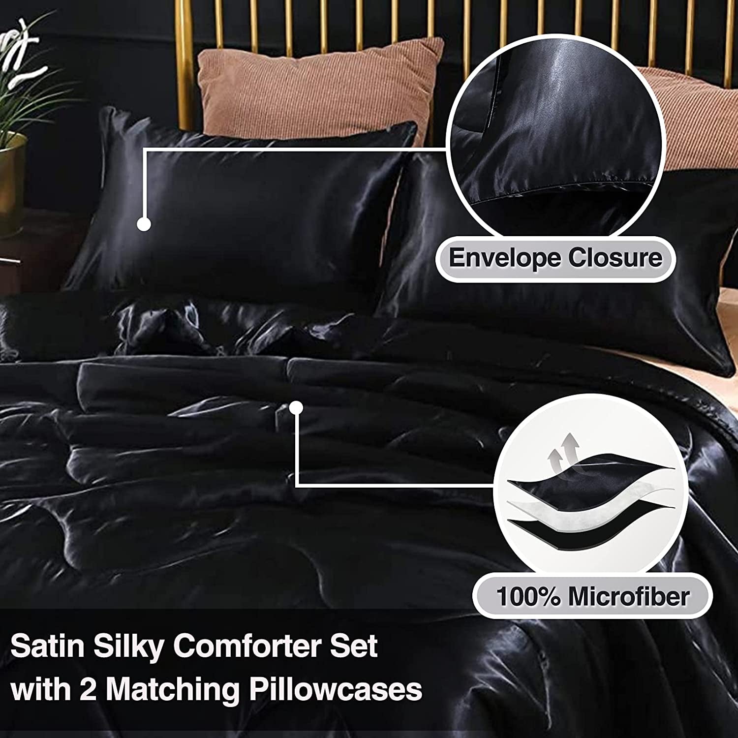 Satin Silky Soft Quilt Luxury Super Soft Microfiber Bedding Thin Comforter Set Full/Queen, Light Weighted (Black, Queen(88-By-88-Inches))