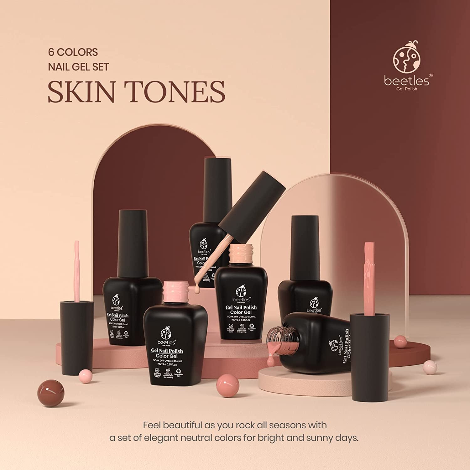 Nail Set 6 Colors Skin Tones Collection Nude Pink Brown Neutral Soak off Led Lamp Needed Manicure Diy Home for Women