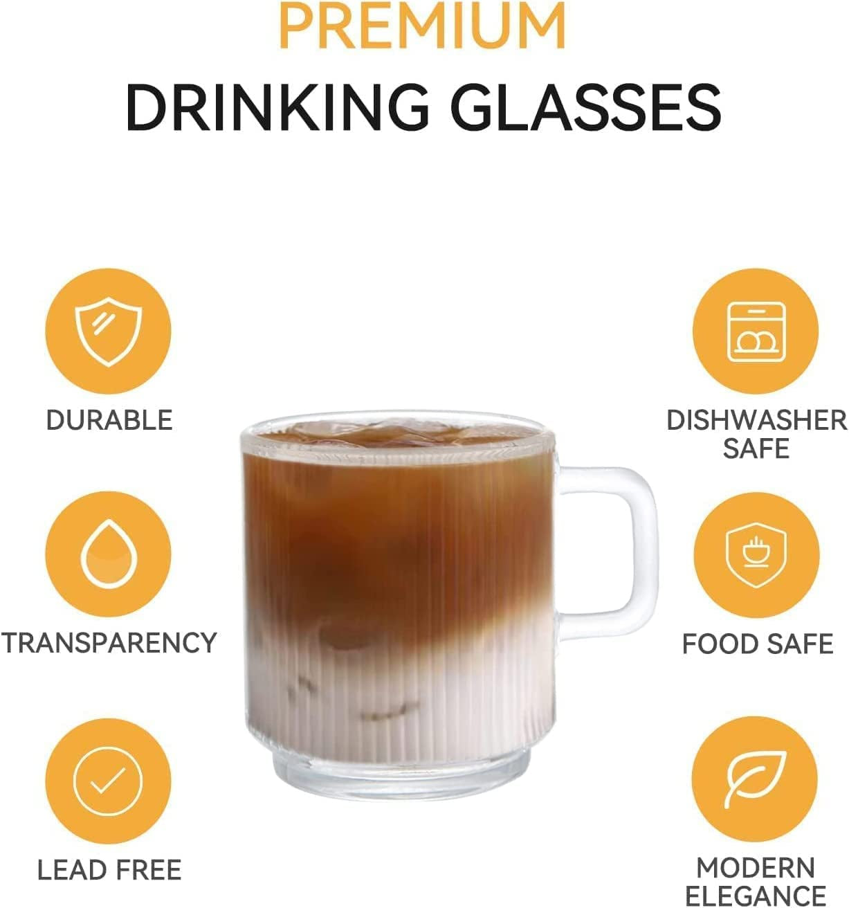 [6 PACK, 12 OZ] DESIGN•MASTER Premium Glass Coffee Mugs with Handle, Classic Vertical Stripes Tea Cup,Transparent Tea Glasses for Hot/Cold Beverages, Perfect Design for Americano, Cappuccino, Latte.
