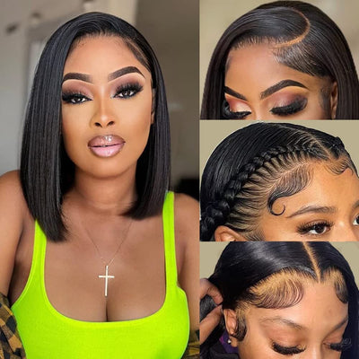 Bob Wig Human Hair 13X4 Lace Front Wigs for Black Women 180% Density Glueless Wigs Human Hair Pre Plucked Short Bob Wigs Brazilian Straight Human Hair Wigs 13X4 HD Transparent Lace Front Wigs 12Inch