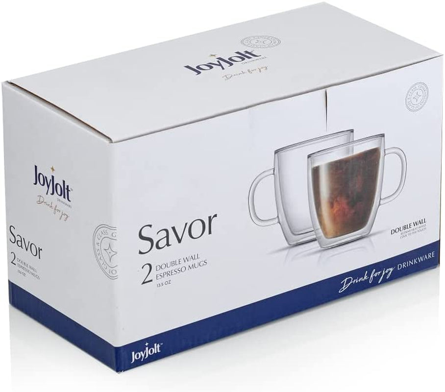 Savor Double Wall Insulated Glasses - Coffee Mugs (Set of 2) - 13.5-Ounces