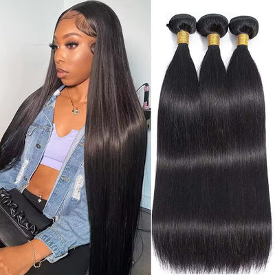 Straight Human Hair 3 Bundles 26 28 30 Inch 100% Unprocessed Brazilian Virgin Remy Hair Straight Human Hair Bundles Weave Hair Extensions for Black Women Natural Black Color