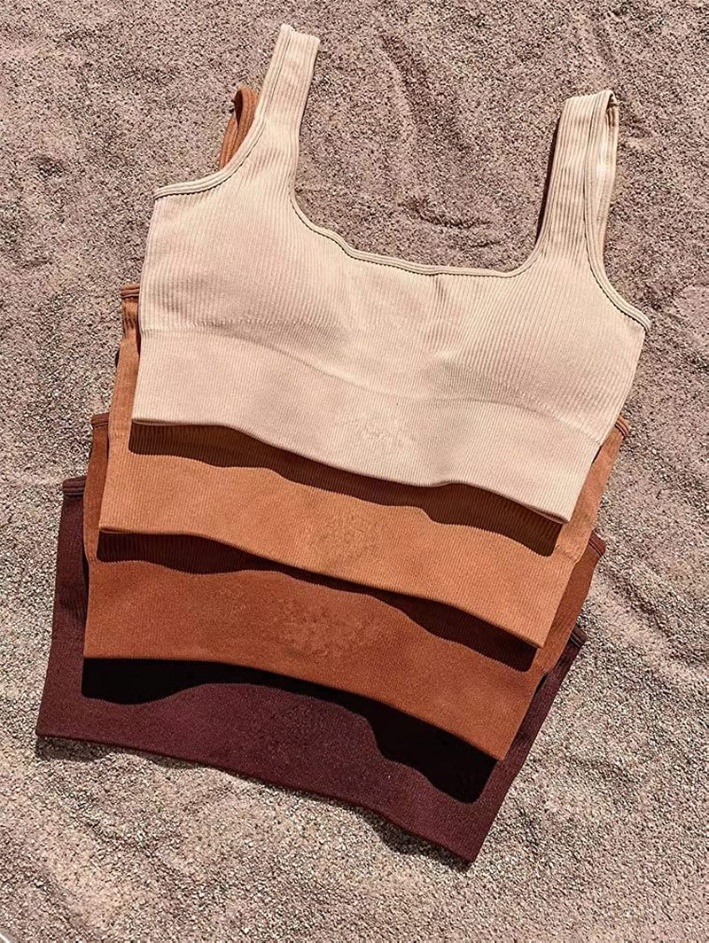 Women'S 4 Piece Outfits Ribbed Exercise Scoop Neck Sports Bra One Shoulder Tops High Waist Shorts Leggings Active Set