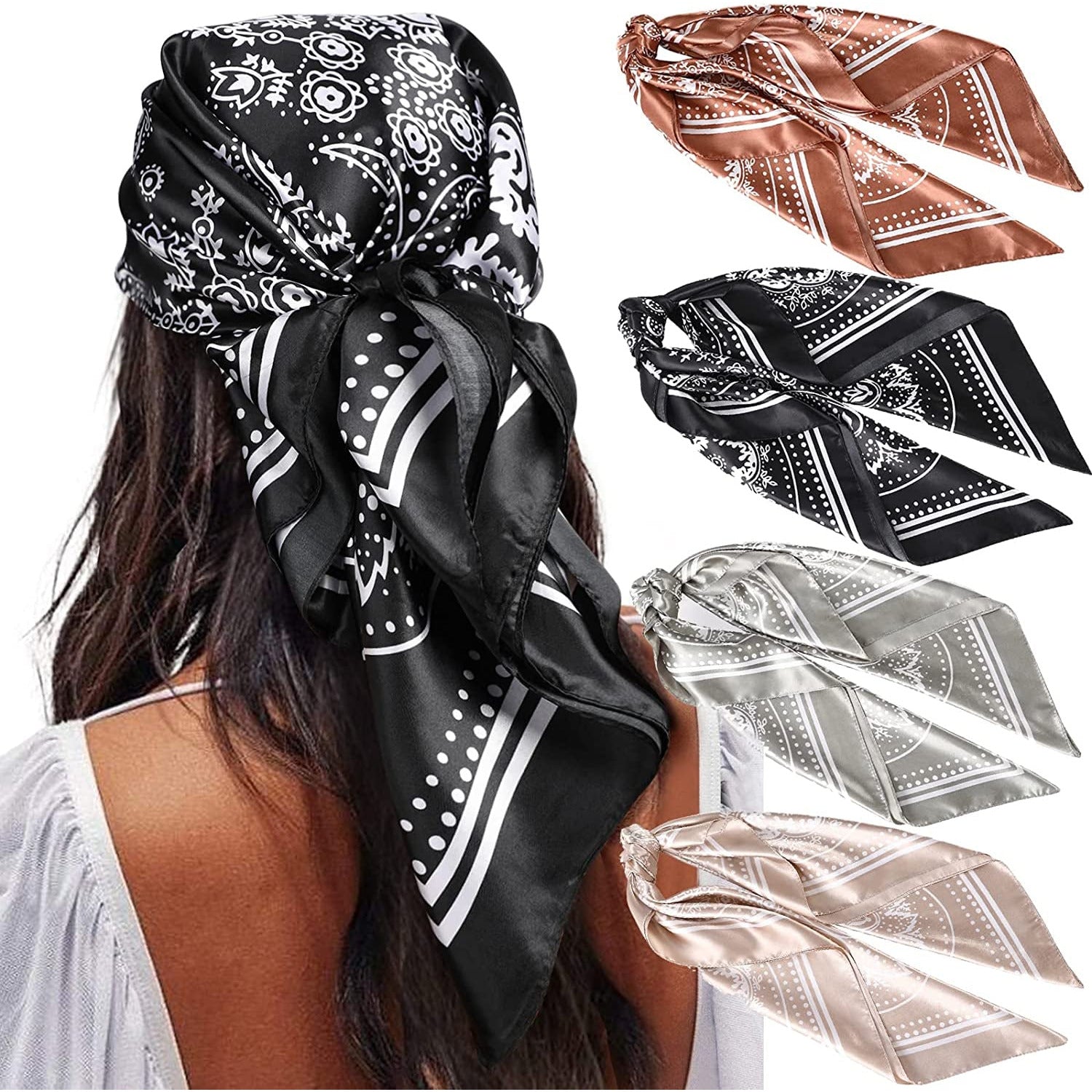 35” Satin Large Square Head Scarves - 4PCS Silk like Neck Scarf Hair Sleeping Wraps Lightweight Satin Silk Scarfs