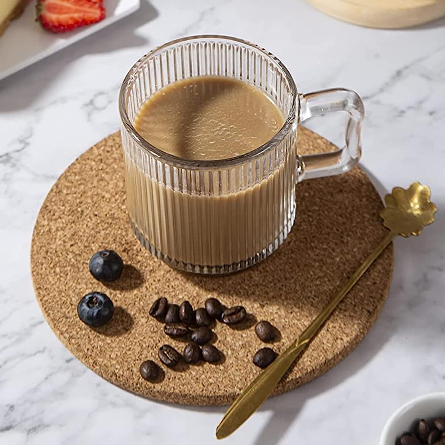[6 PACK, 12 OZ] DESIGN•MASTER Premium Glass Coffee Mugs with Handle, Classic Vertical Stripes Tea Cup,Transparent Tea Glasses for Hot/Cold Beverages, Perfect Design for Americano, Cappuccino, Latte.