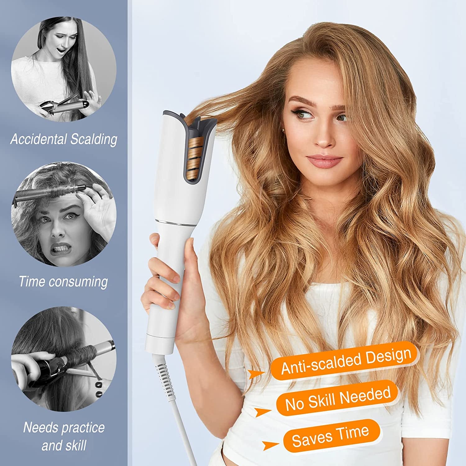 Automatic Hair Curler, Portable Auto Hair Curling Iron Wand with LCD Display, Adjustable 5 Temperature, 13 Curls and 10 Timer Settings, Fast Heating for Hair Styling