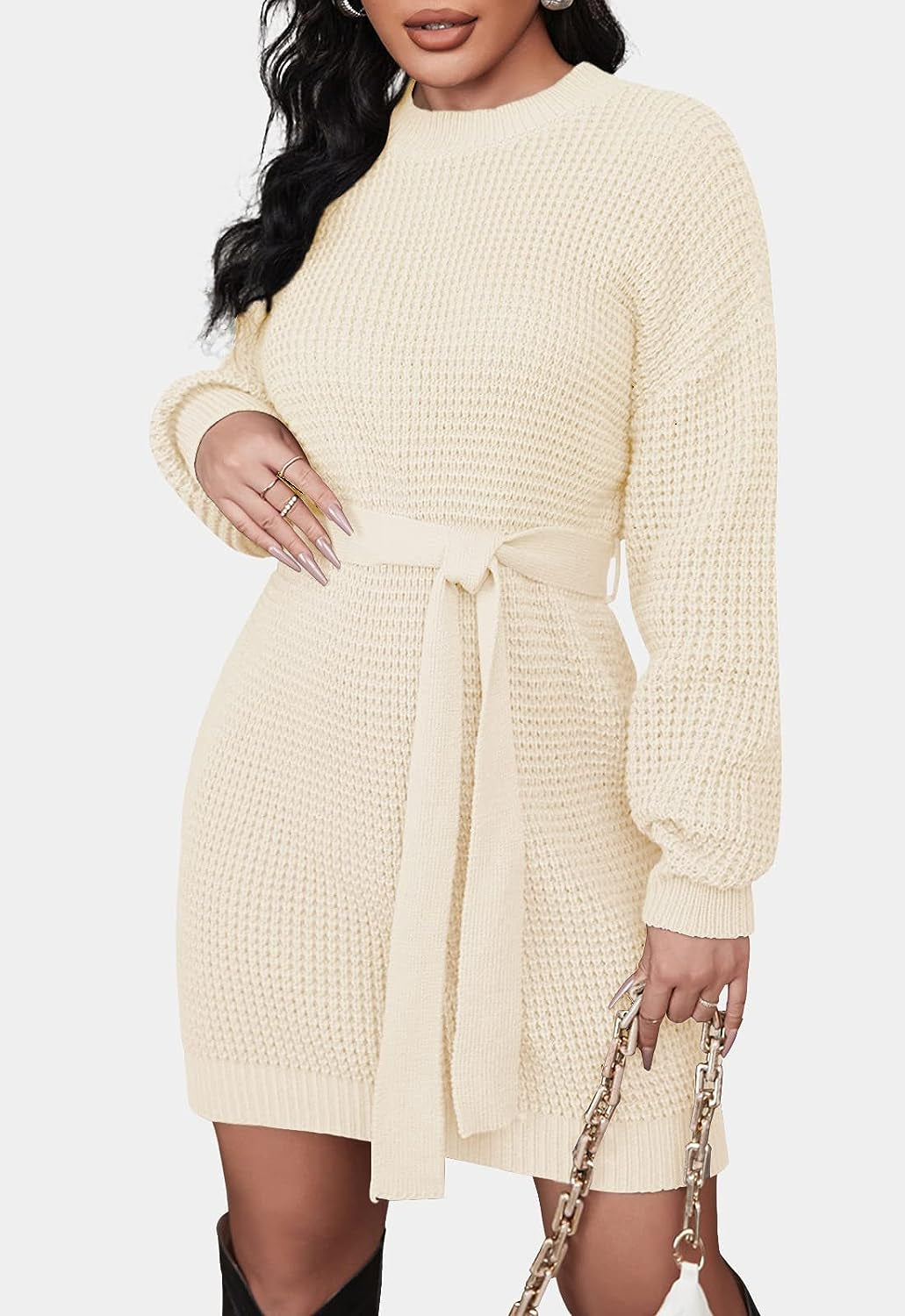 Women'S 2023 Fall Long Sleeve Solid Color Waffle Knitted Tie Wasit Tunic Pullover Sweater Dress