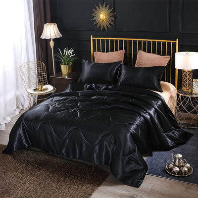 Satin Silky Soft Quilt Luxury Super Soft Microfiber Bedding Thin Comforter Set Full/Queen, Light Weighted (Black, Queen(88-By-88-Inches))