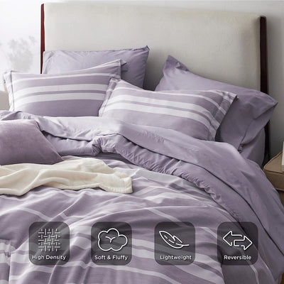 Bedsure Bed in a Bag Full Size 7 Pieces, Purple White Striped Bedding Comforter Sets All Season Bed Set, 2 Pillow Shams, Flat Sheet, Fitted Sheet and 2 Pillowcases