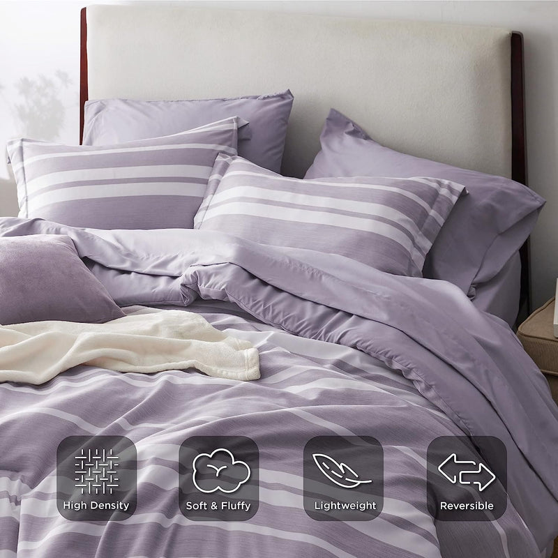 Bedsure Bed in a Bag Full Size 7 Pieces, Purple White Striped Bedding Comforter Sets All Season Bed Set, 2 Pillow Shams, Flat Sheet, Fitted Sheet and 2 Pillowcases