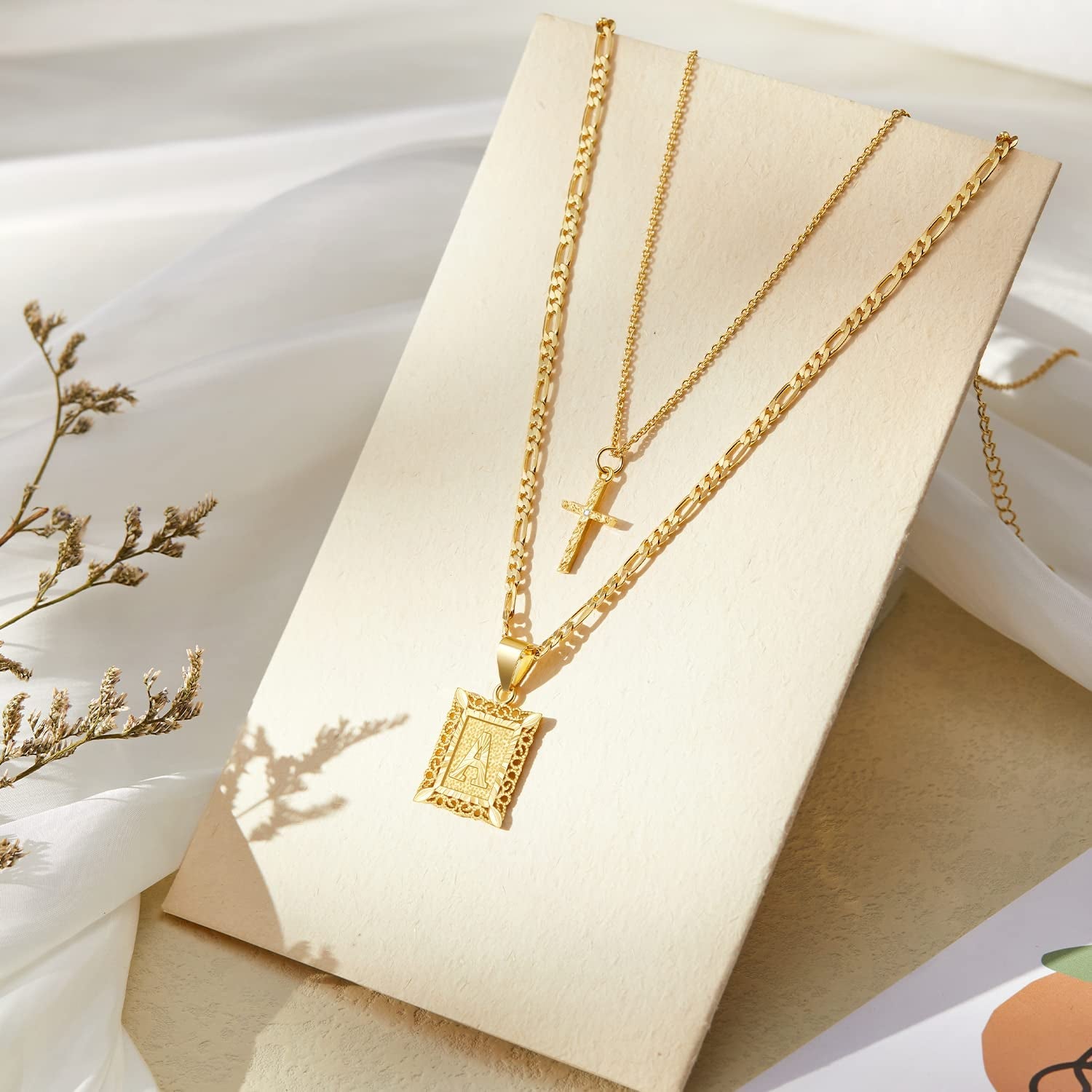 Gold Layered Initial Cross Necklace, 14K Gold Plated Layering Square Letter Pendant Figaro Chain Cross Choker from A-Z Capital Jewelry for Women Girls