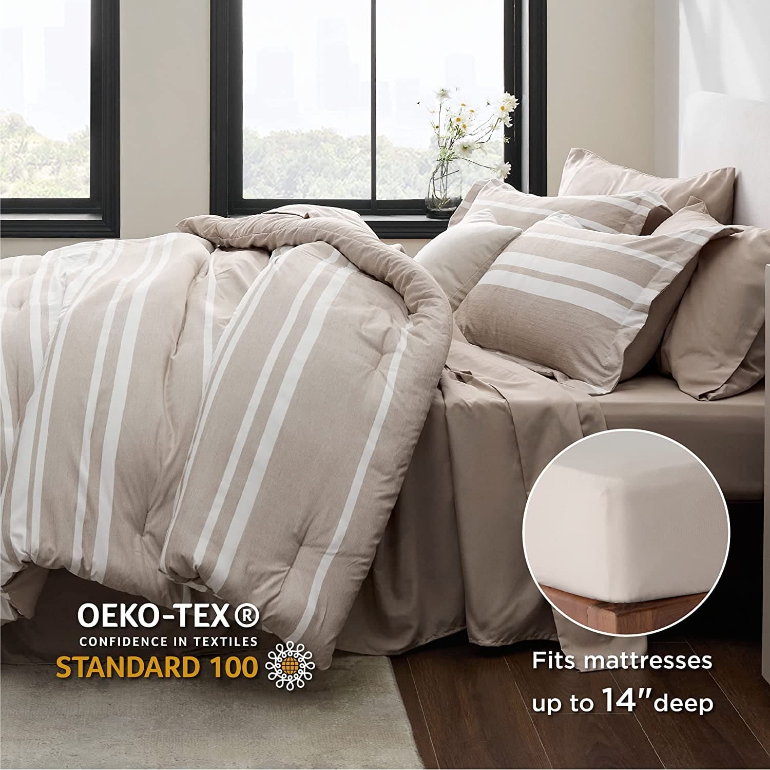 Bedsure Bed in a Bag Full Size 7 Pieces, Khaki White Striped Bedding Comforter Sets All Season Bed Set, 2 Pillow Shams, Flat Sheet, Fitted Sheet and 2 Pillowcases