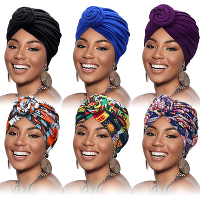 6 Pieces Women African Turban Flower Knot Pre-Tied Bonnet Beanie Cap Headwrap (Simple Patterns) Multicoloured